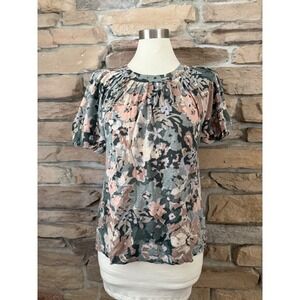 Maeve Anthropologie Floral Linen Puff Sleeve Knit Top Green Pink XS